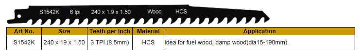 S1542K Hcs 3 Tpi Wood Cutting Reciprocating Saw Blade