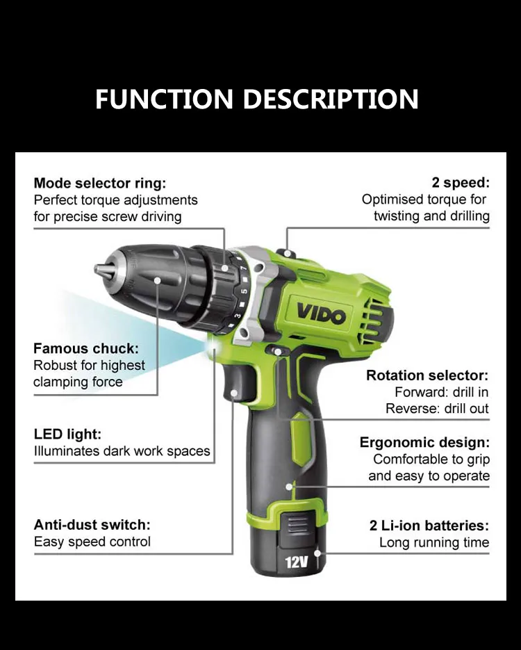 Vido 12V 18 V 18V 21V Electric Li Ion 500rpm Home SDS Hammer Performer with Drillbattery Battery Cordless Drill Set Combo Tool