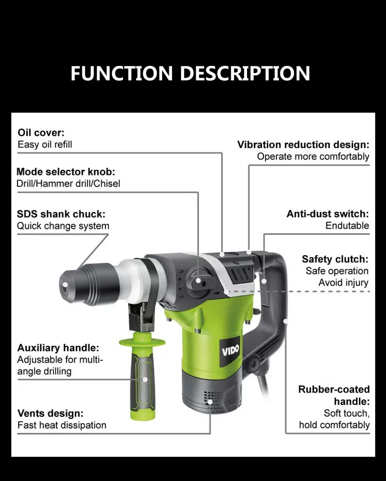 Vido 1500W Three Function 36mm SDS Rotary Hammer