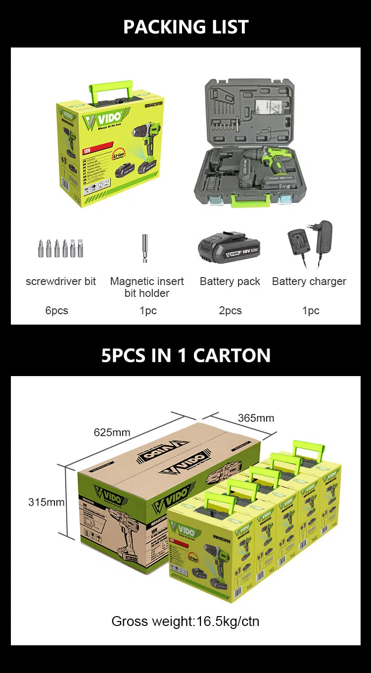 Vido 18V 32n. M Max. Torque Electric Screw Driver Screwdriver Cordless Drill