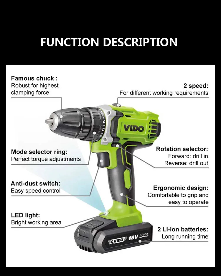 Vido 18V 32n. M Max. Torque Electric Screw Driver Screwdriver Cordless Drill