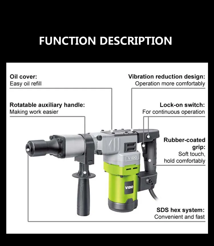 Vido 65A 60j 17.5j 1200W Small Electric Demolition Breaker Jack Hammers for Brick Concrete Wall Breaking
